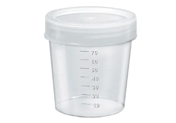 Coletor 80ml PP transparente tampa 14mm branca com pá embalagem industrial