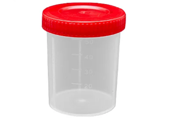 Coletor PP transparente com tampa vermelha com pá 50ml