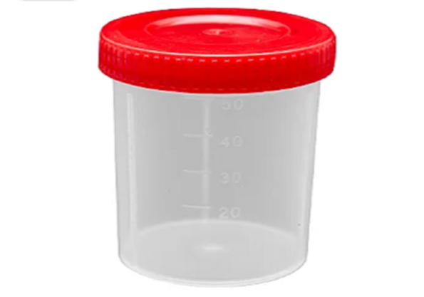 Coletor PP transparente com tampa vermelha sem pá embalagem industrial 50ml