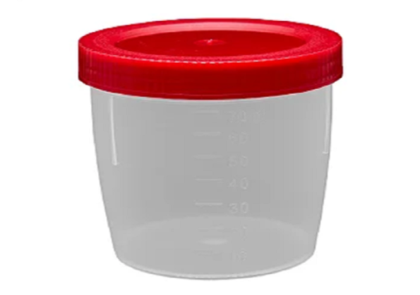 Coletor PP transparente com tampa vermelha sem pá embalagem industrial 70ml